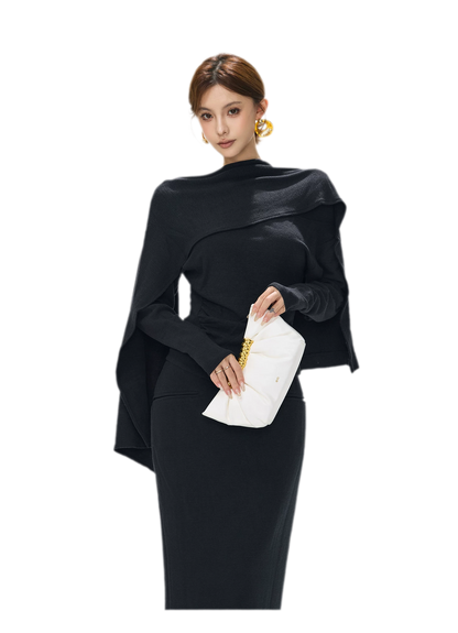Textured Ruched Shawl Knit Set