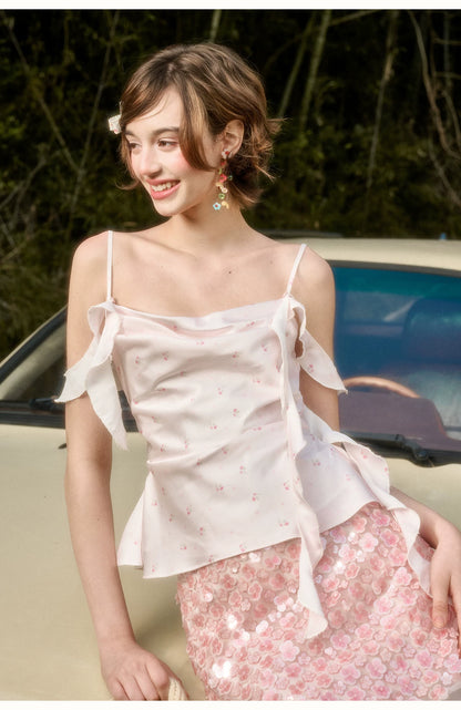 Babypink Satin Ribbon Top &amp; Sequin Skirt Set