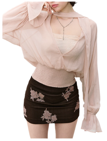 Sequin Floral Pinstripe Skirt