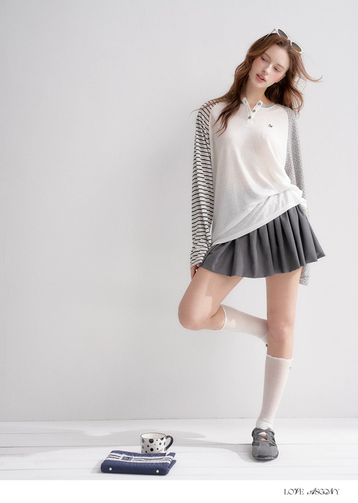 Striped Polka Dot Raglan Sleeve Long Sleeve Pullover