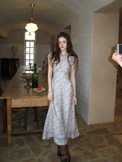 Fog Blue Floral Maxi Dress