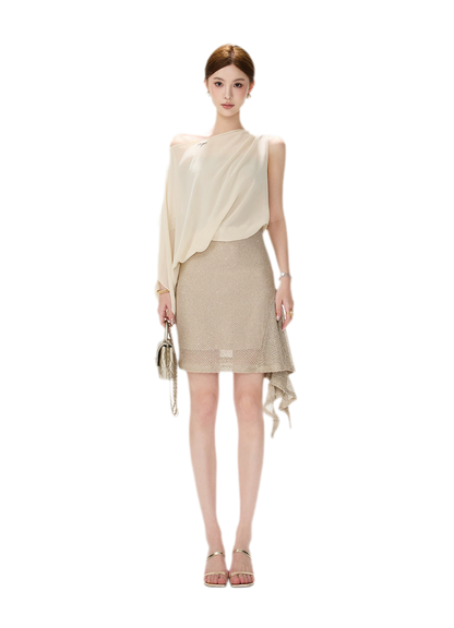 CYNR Sheer Drape Off-Shoulder Dress – view 12