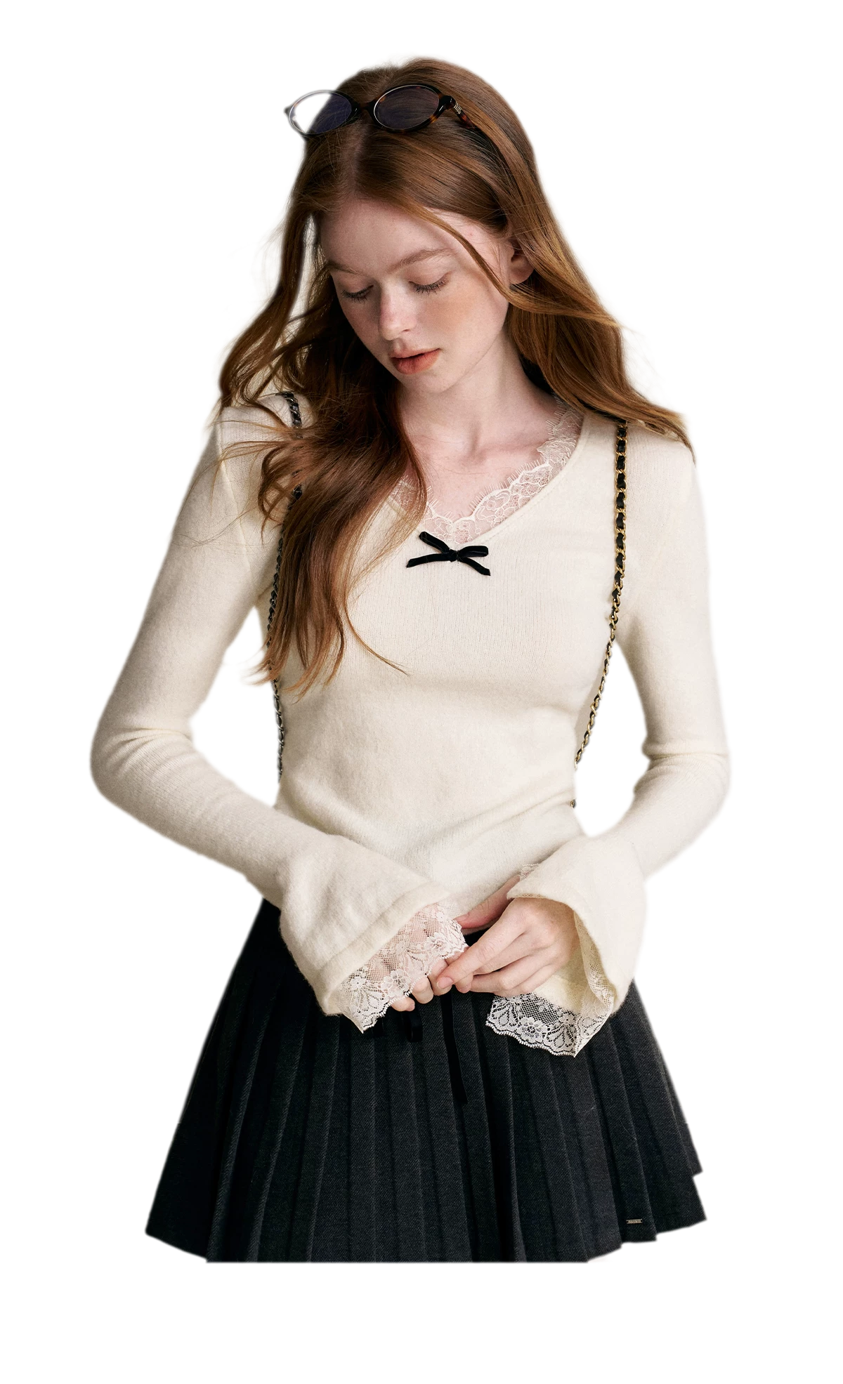 Lace Bow V-Neck Knit Top