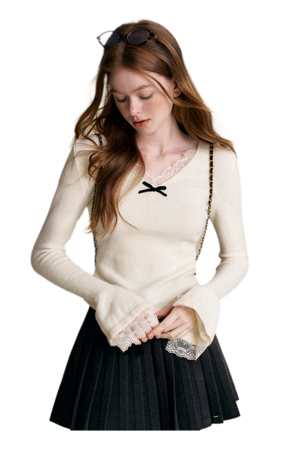 Lace Bow V-Neck Knit Top