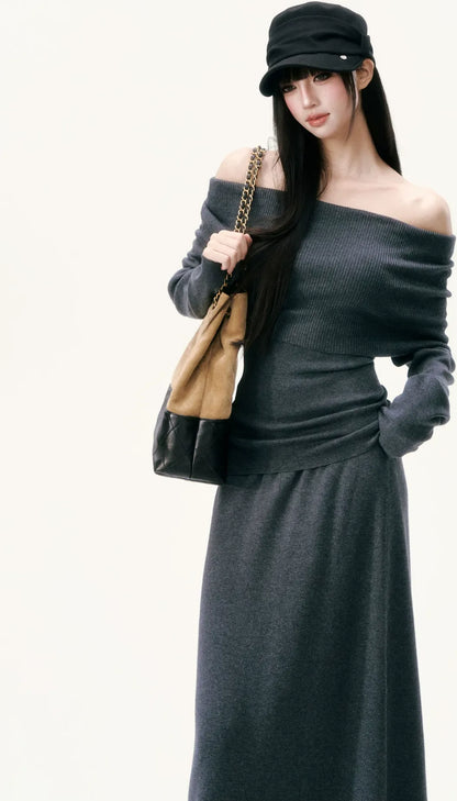 Wool Blend Off-Shoulder Skirt Set