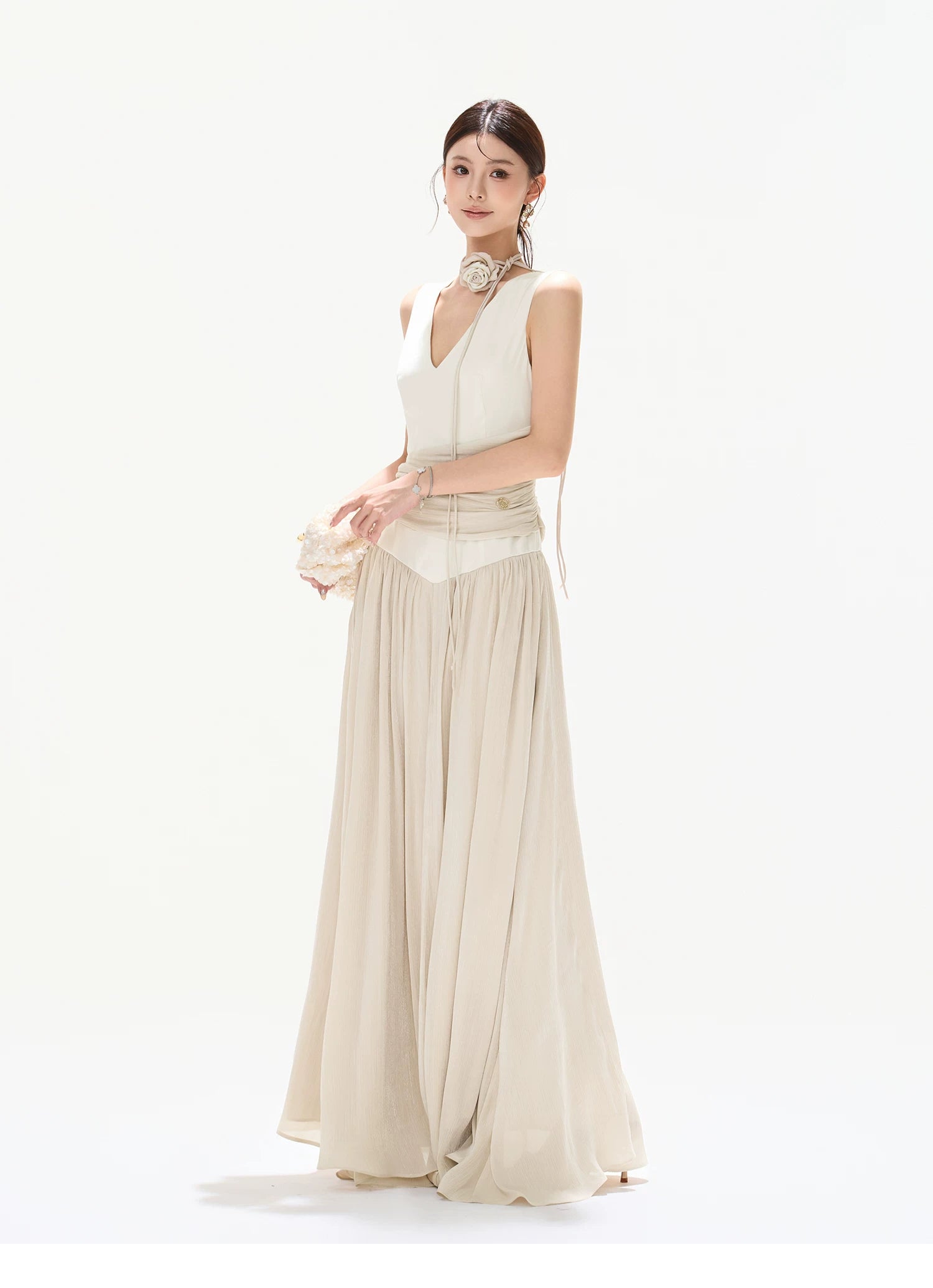 French Style Colorblock Pleated Satin V-Neck Dress