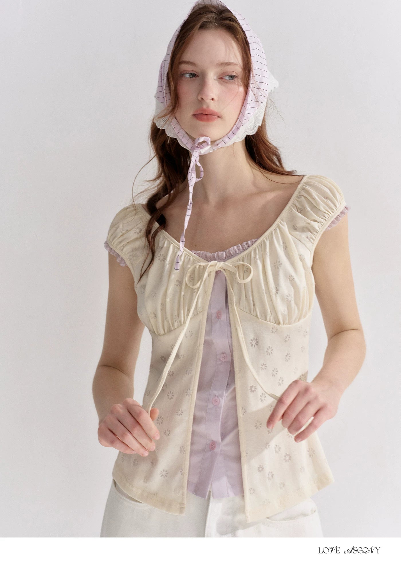 Two-Layer Floral Cutout Contrast Tie-Front Blouse