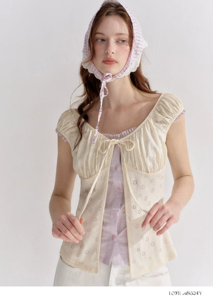 Two-Layer Floral Cutout Contrast Tie-Front Blouse