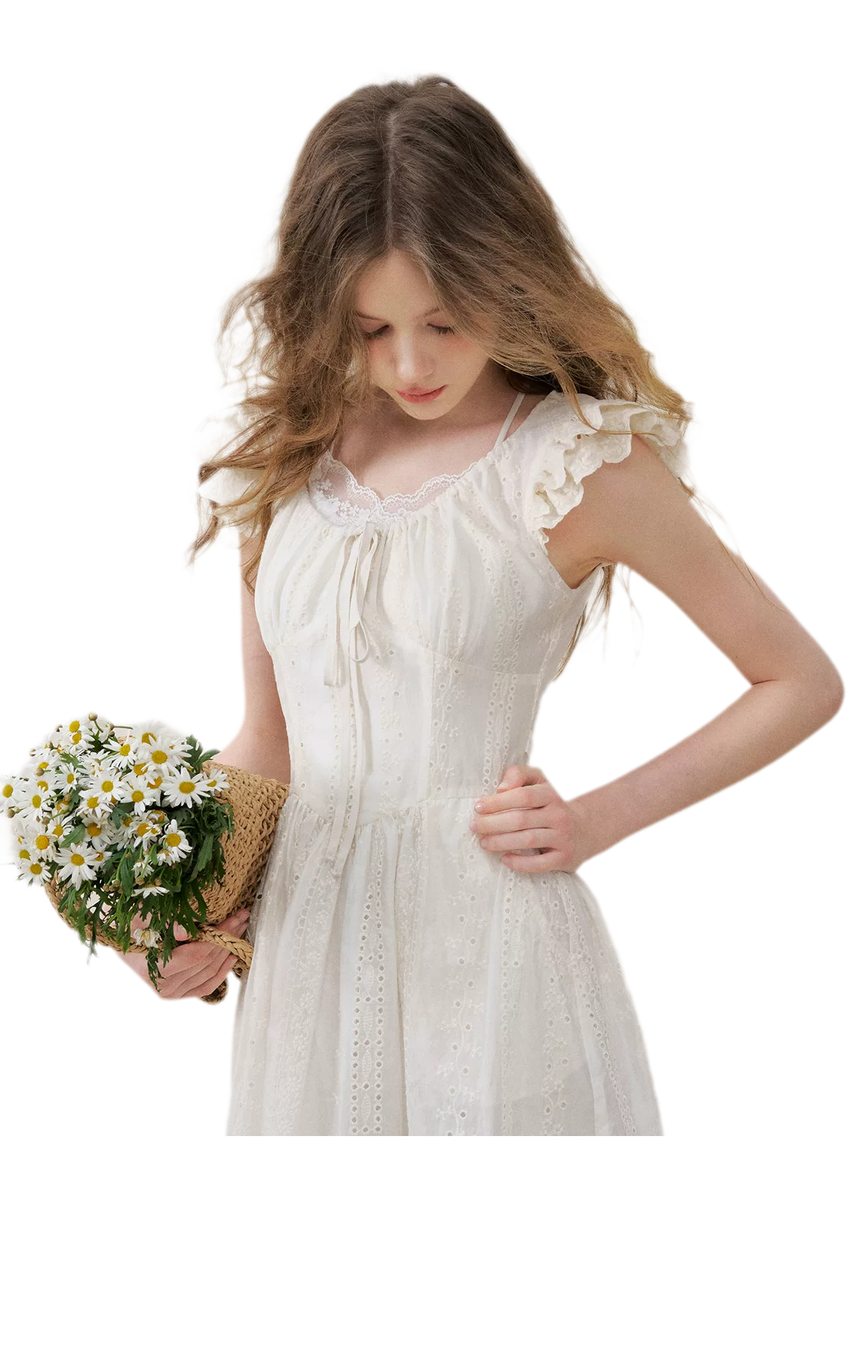 Embroidered Flutter Sleeve Dress