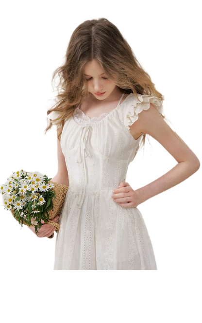 Embroidered Flutter Sleeve Dress