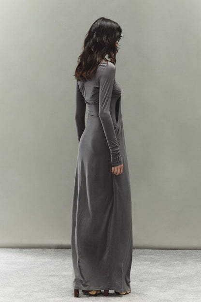 Laisel Handwoven Twist Metallic Chain Pleated Halter Dress