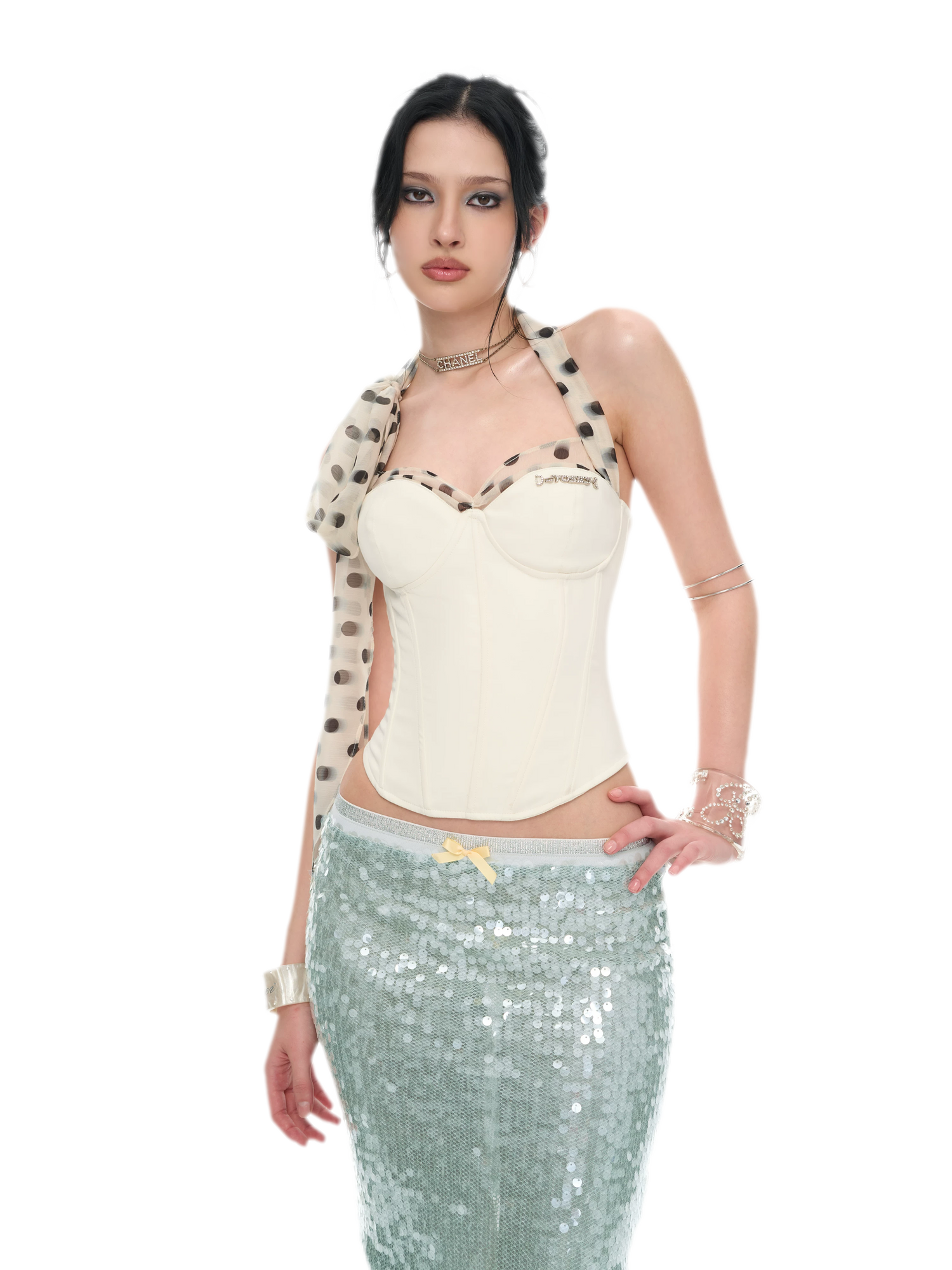 Sequin-Embellished Silver Waist Midi Skirt