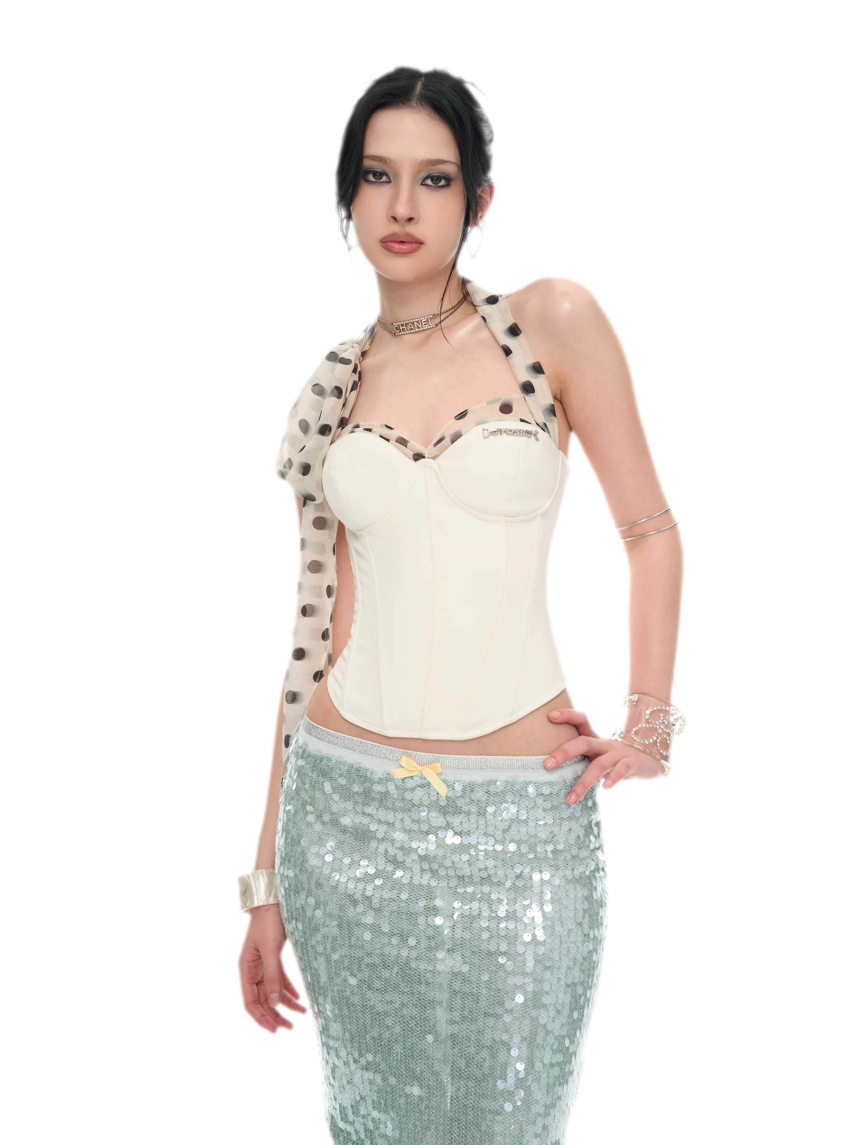 Sequin-Embellished Silver Waist Midi Skirt