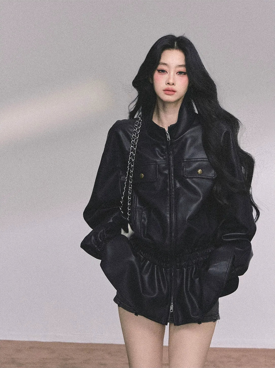 Faux Leather Stand Collar Jacket