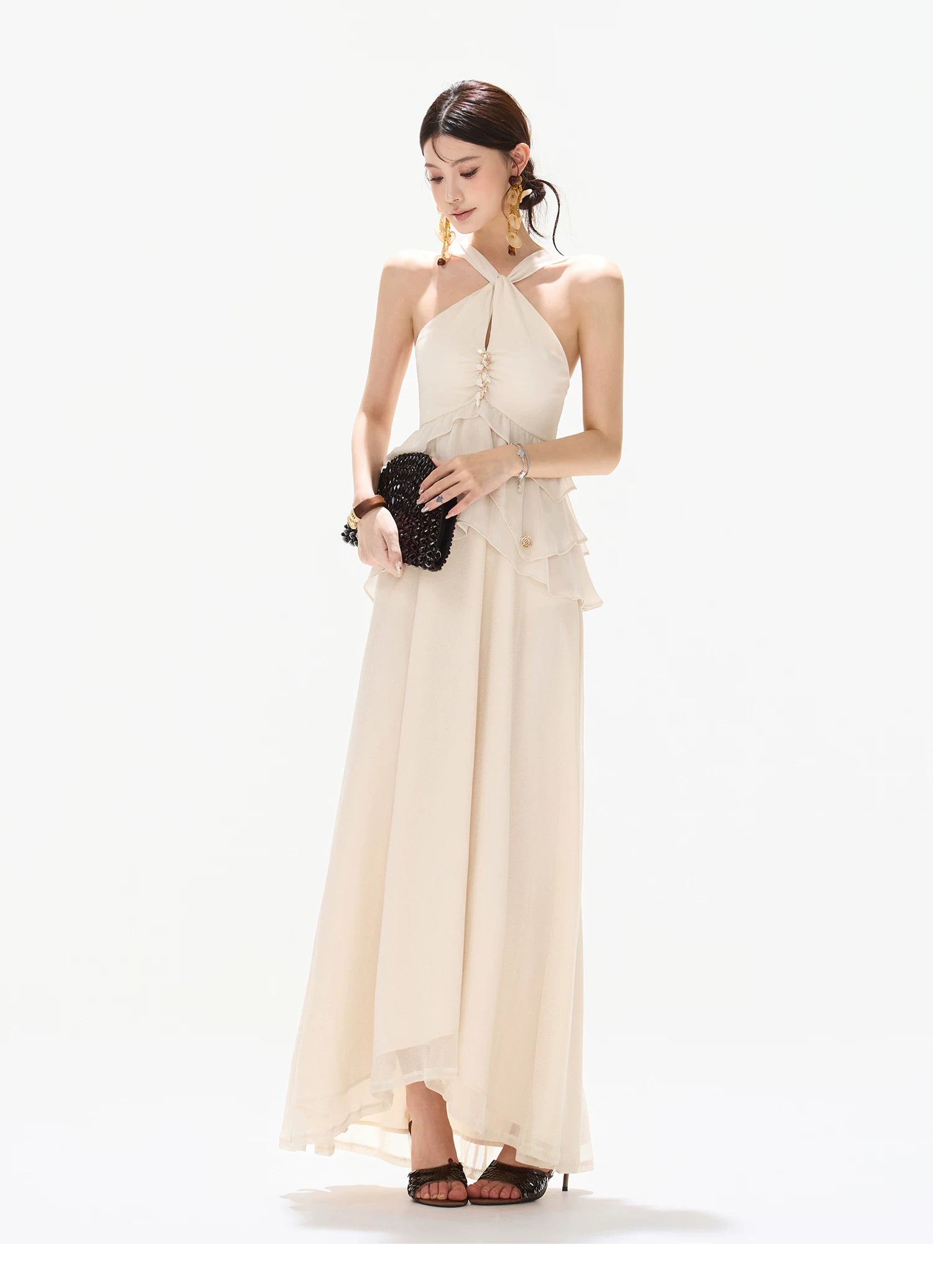 Flowing Halter Rhinestone Chiffon Long Dress
