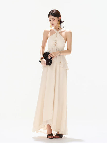 Flowing Halter Rhinestone Chiffon Long Dress