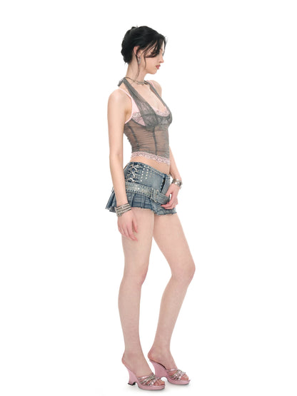 Gray Pink Lace Halter Neck Fitted Top