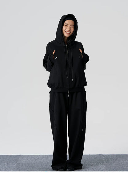 Ribbed Panel Hooded Zip Jacket