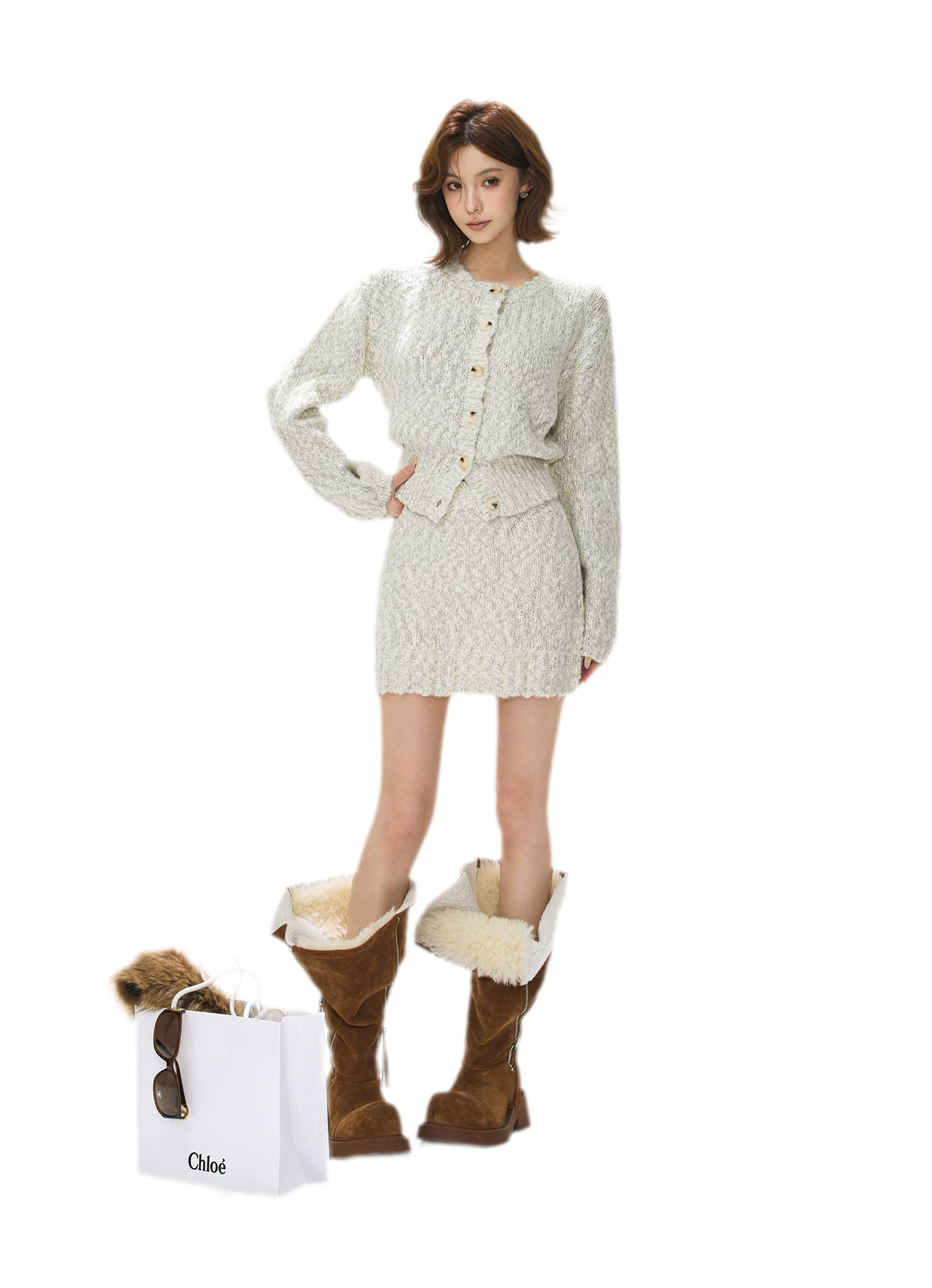 Fluffy Wool Knit Cardigan Set