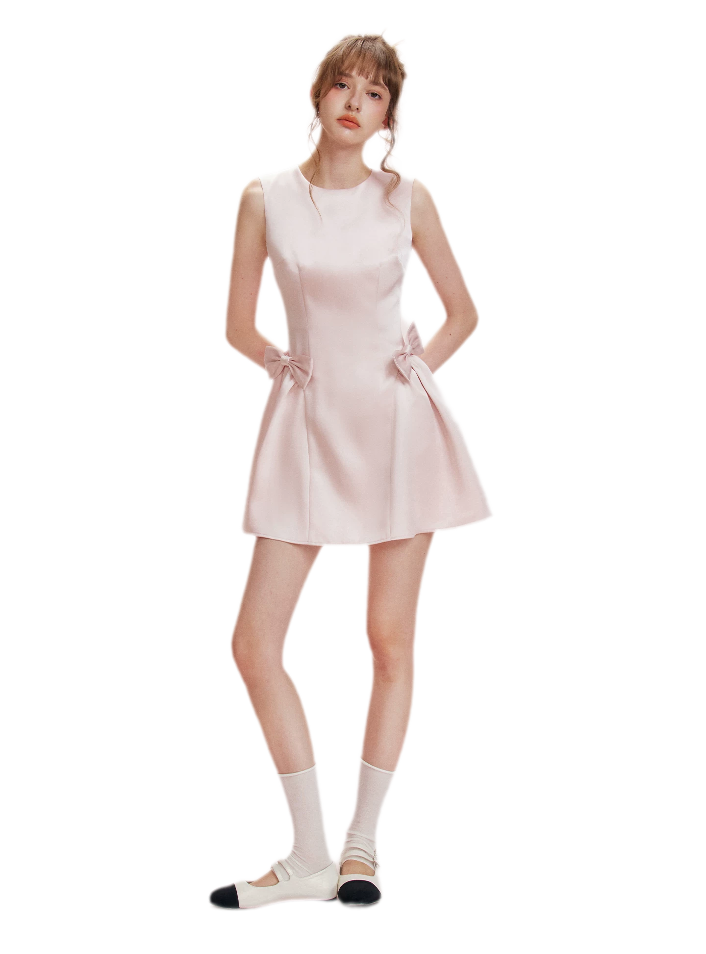 Pearlescent Satin Waist-Tie Dress