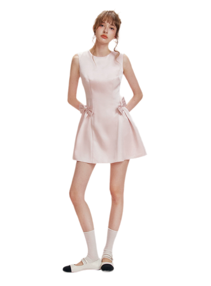 Pearlescent Satin Waist-Tie Dress