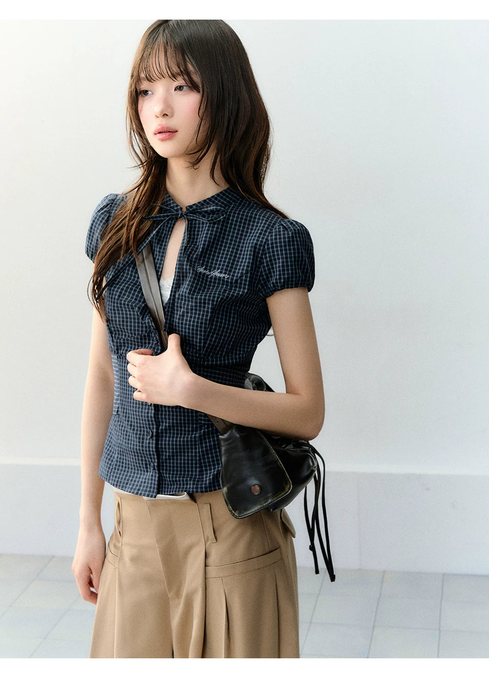 Retro Plaid Tie-Waist Hollow Waist Shirt