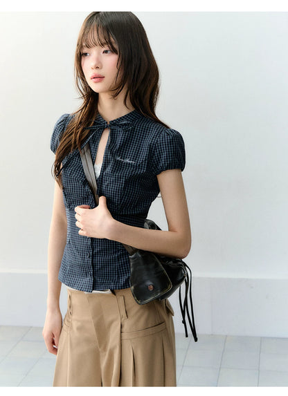 Retro Plaid Tie-Waist Hollow Waist Shirt