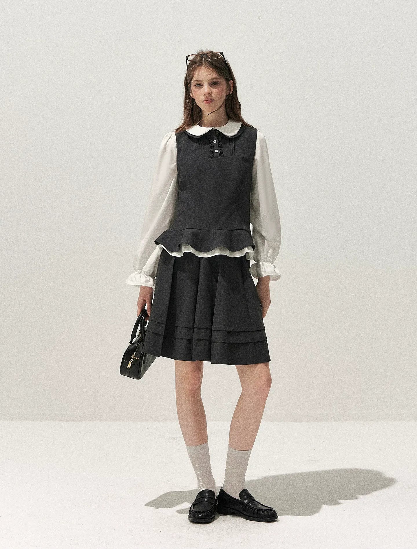 Textured Pleated Vest Skirt Set