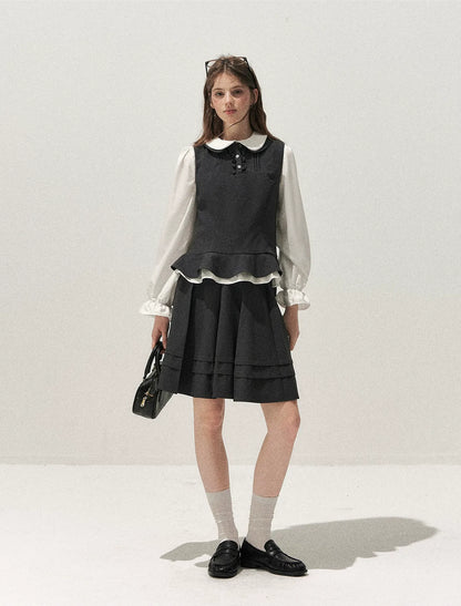 Textured Pleated Vest Skirt Set