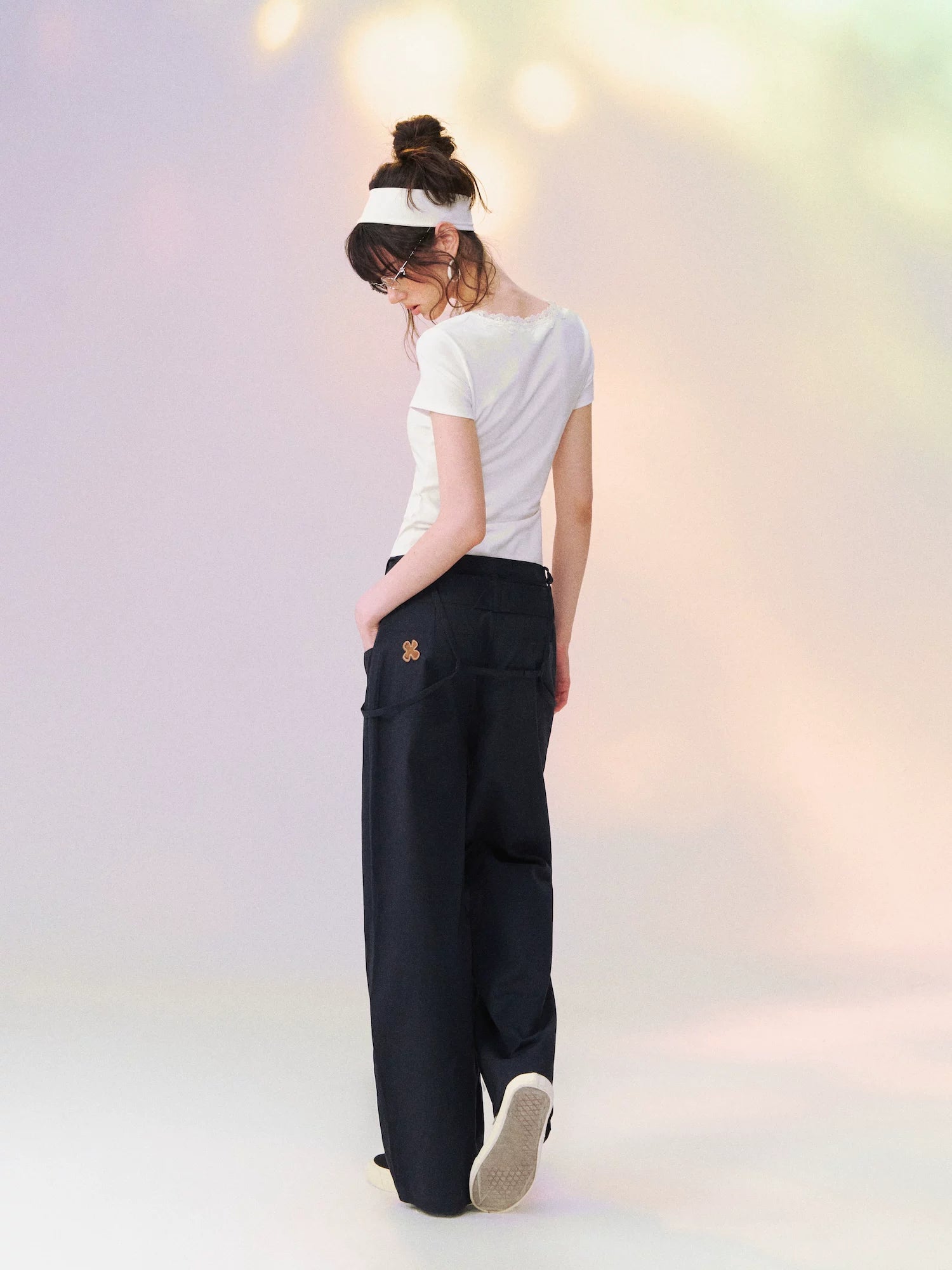 Square Neck Lace-Panel Slim T-shirt