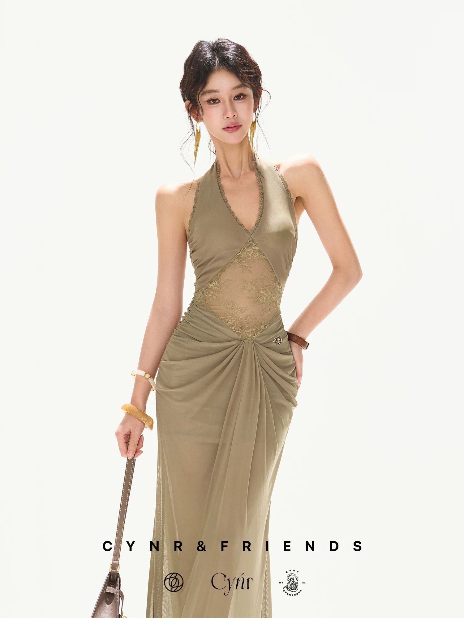 Deep V Neck Halter Lace Mesh Long Dress