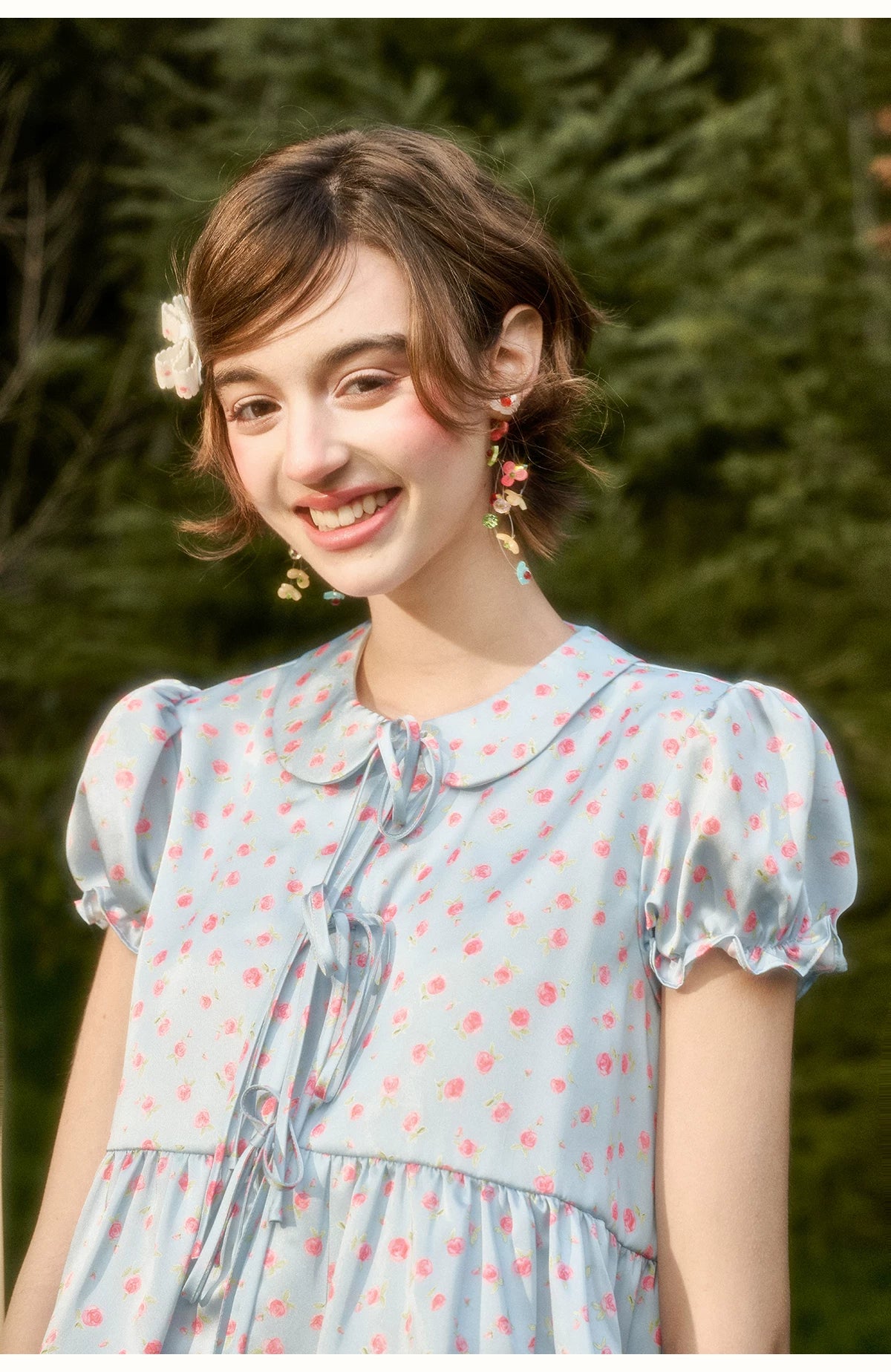 Soft Misty Blue Doll Collar Satin Floral Shirt