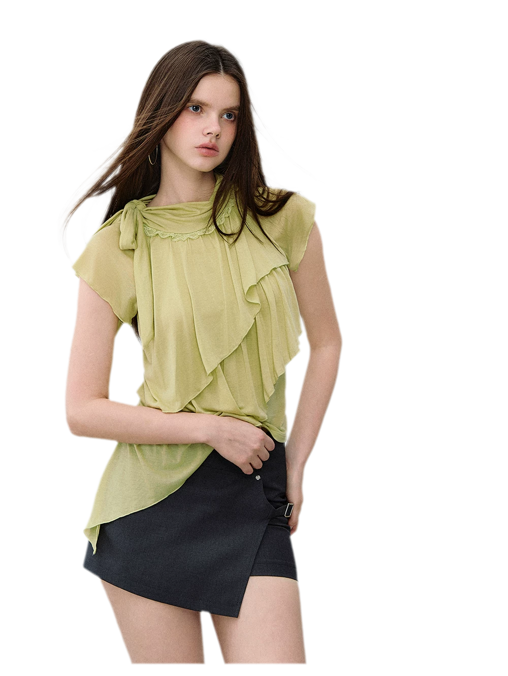 Ruffle Tie-Neck Tencel Short Sleeve Top