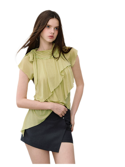 Ruffle Tie-Neck Tencel Short Sleeve Top