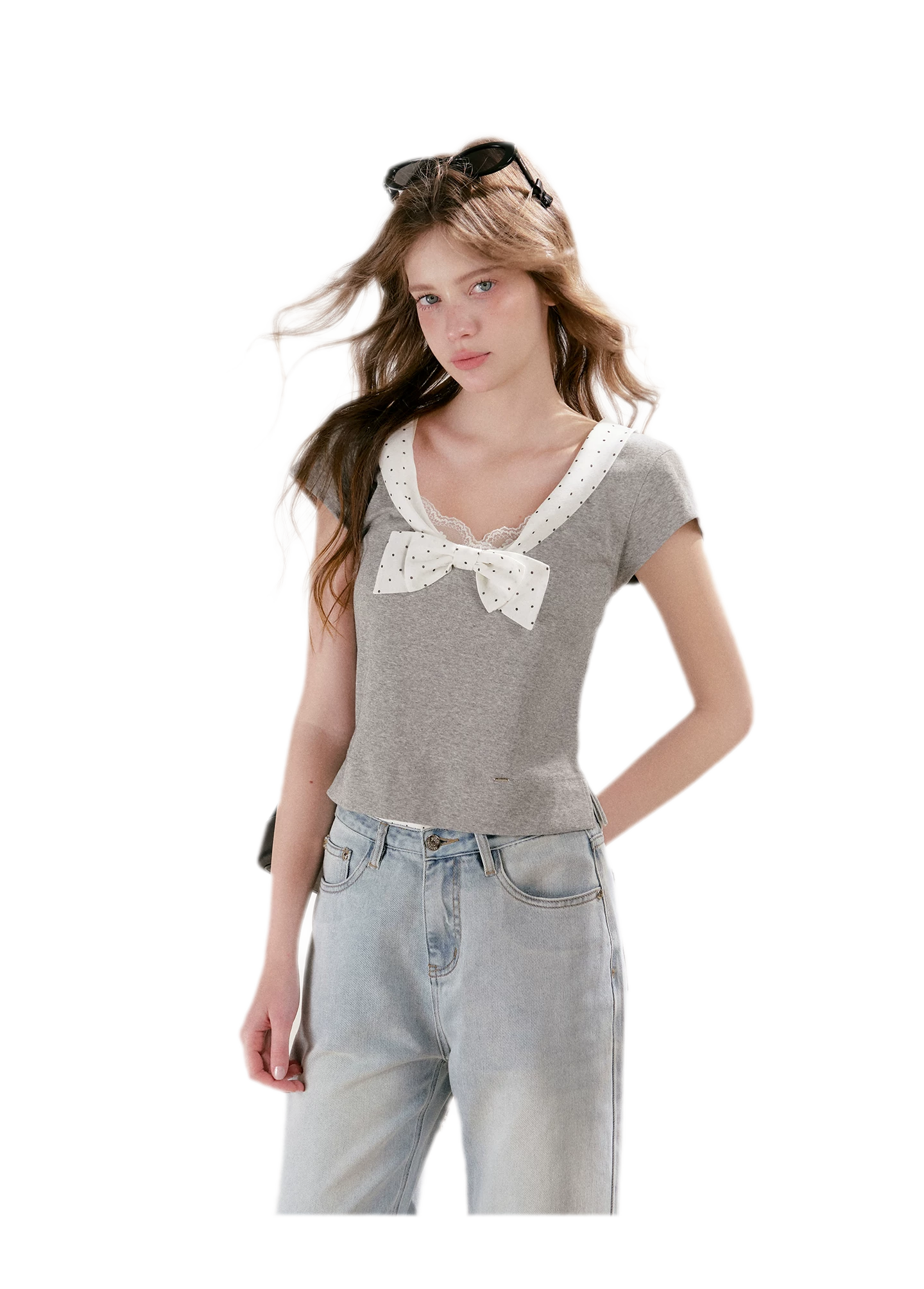 Polka-Dot Bow Knit Top