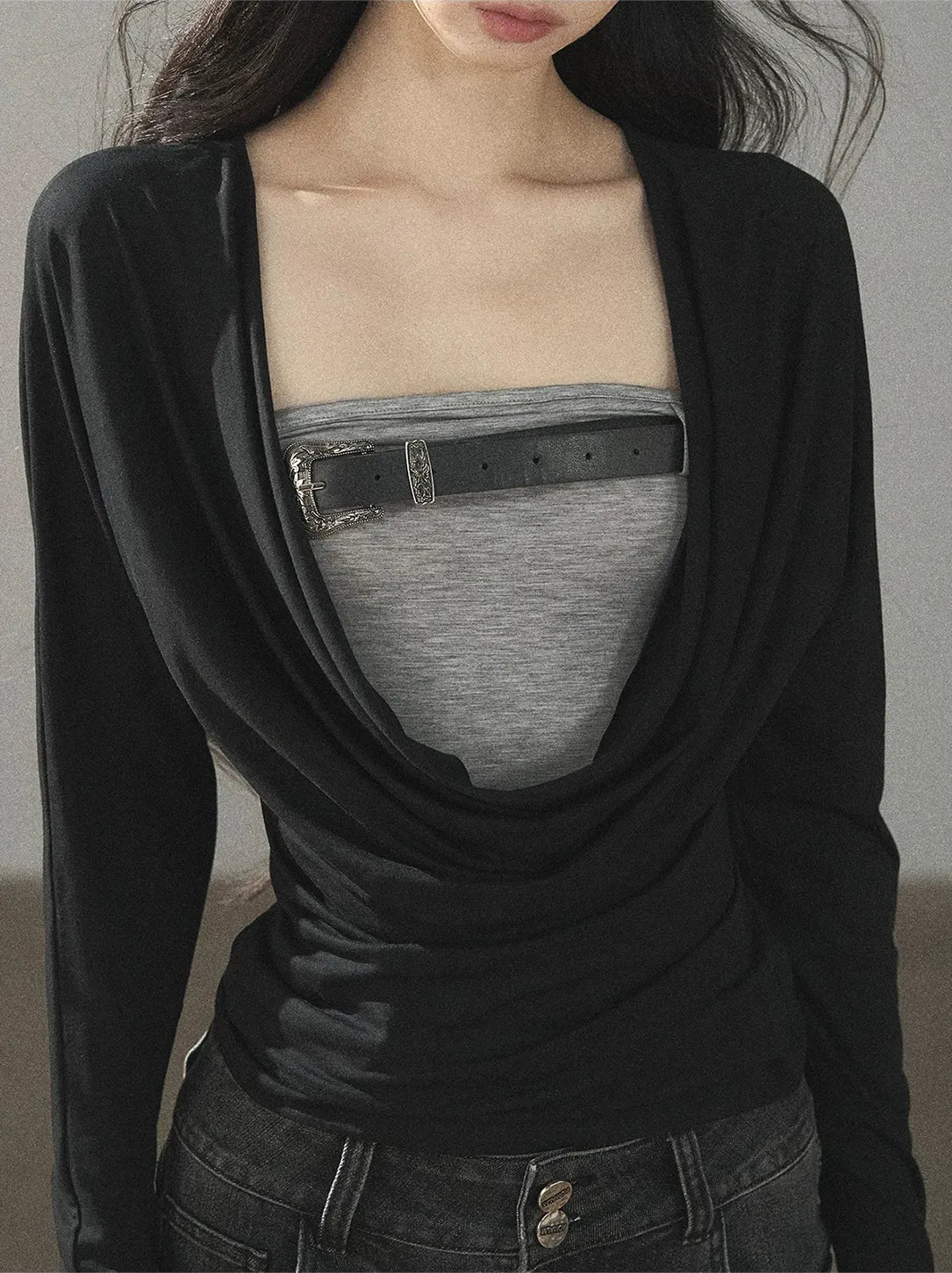Draped Cowl Double-Layer Top