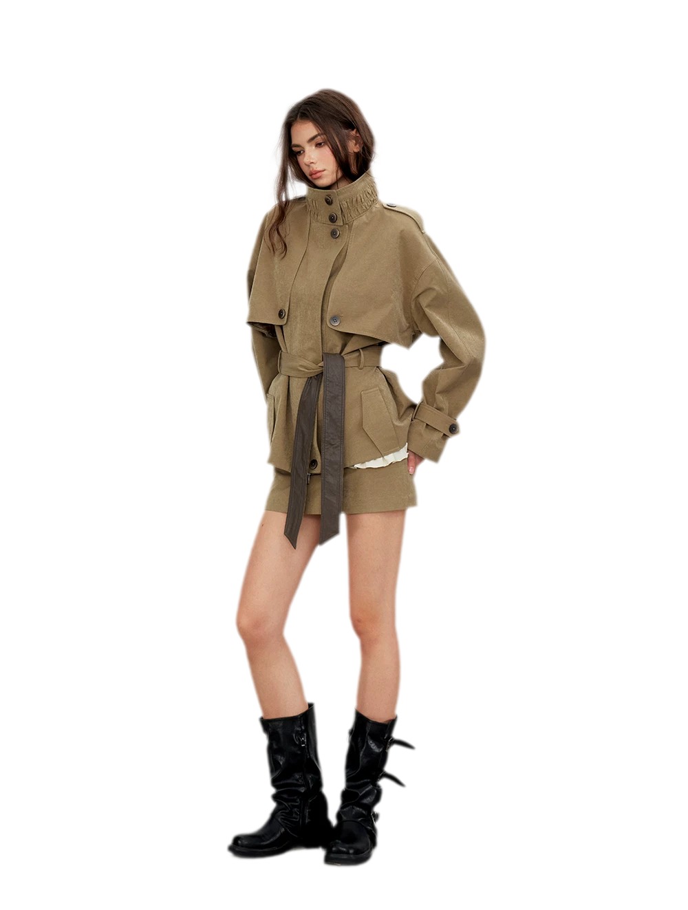 Pleated Stand-Collar Utility Jacket