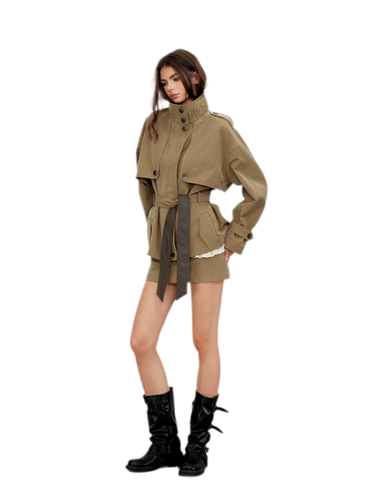 Pleated Stand-Collar Utility Jacket