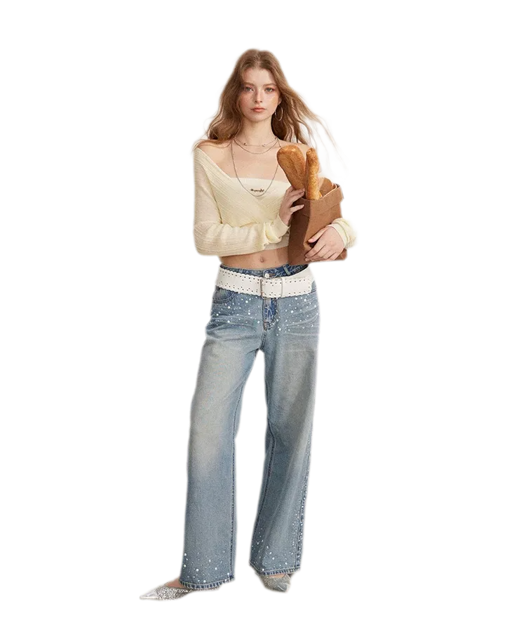 Rhinestone Pearl Wide-Leg Jeans