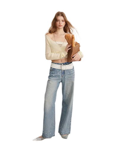 Rhinestone Pearl Wide-Leg Jeans