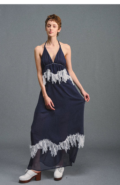Deep V Halter Maxi Dress in Serene Blue