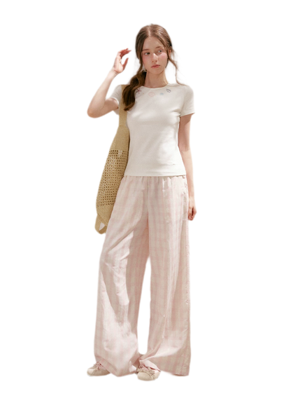 Linen Checkered High-Waist Wide-Leg Pants