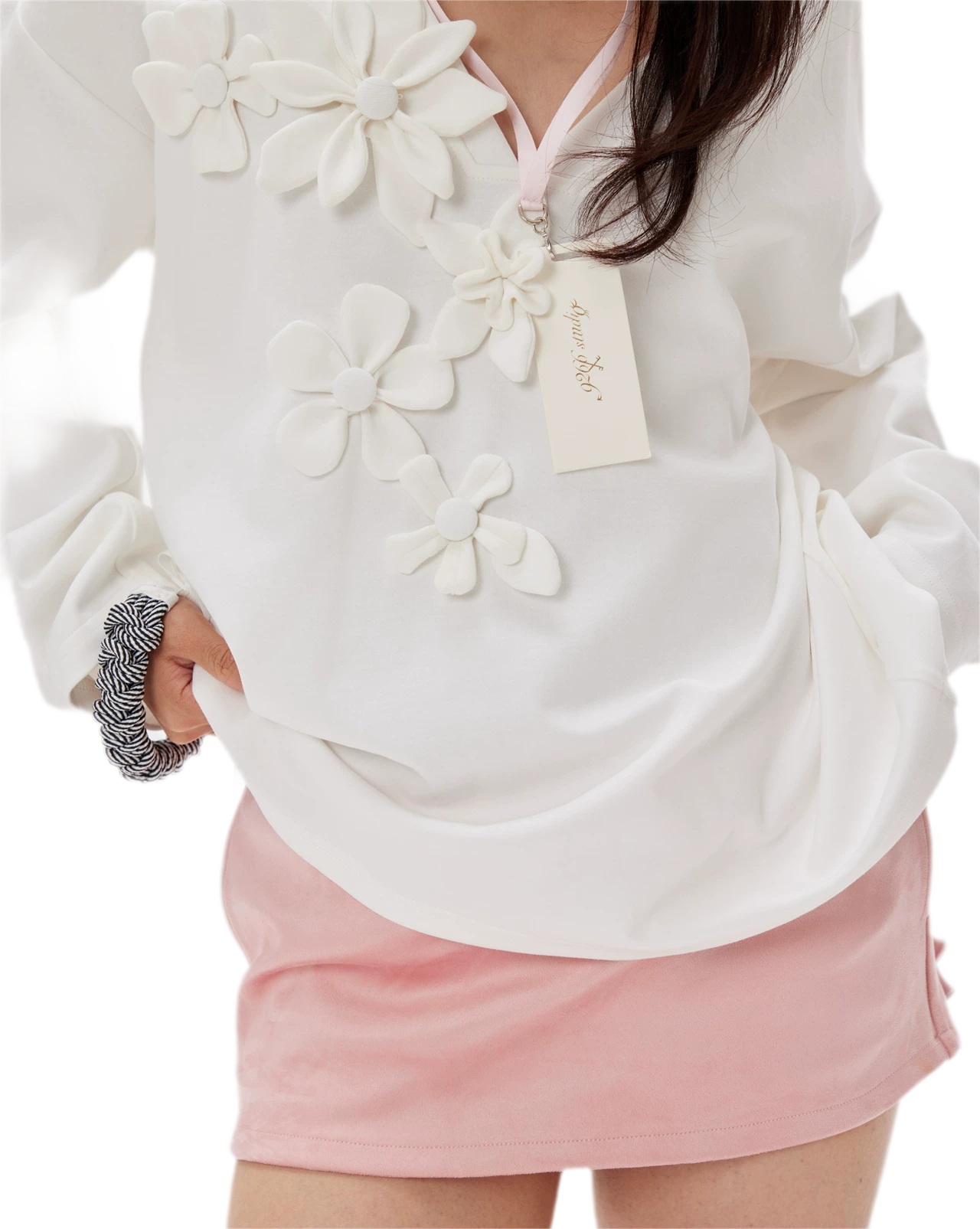 Handmade Flower Appliqué V-Neck Sweatshirt