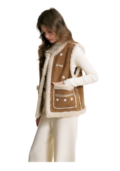 Shearling Floral Embroidered Vest