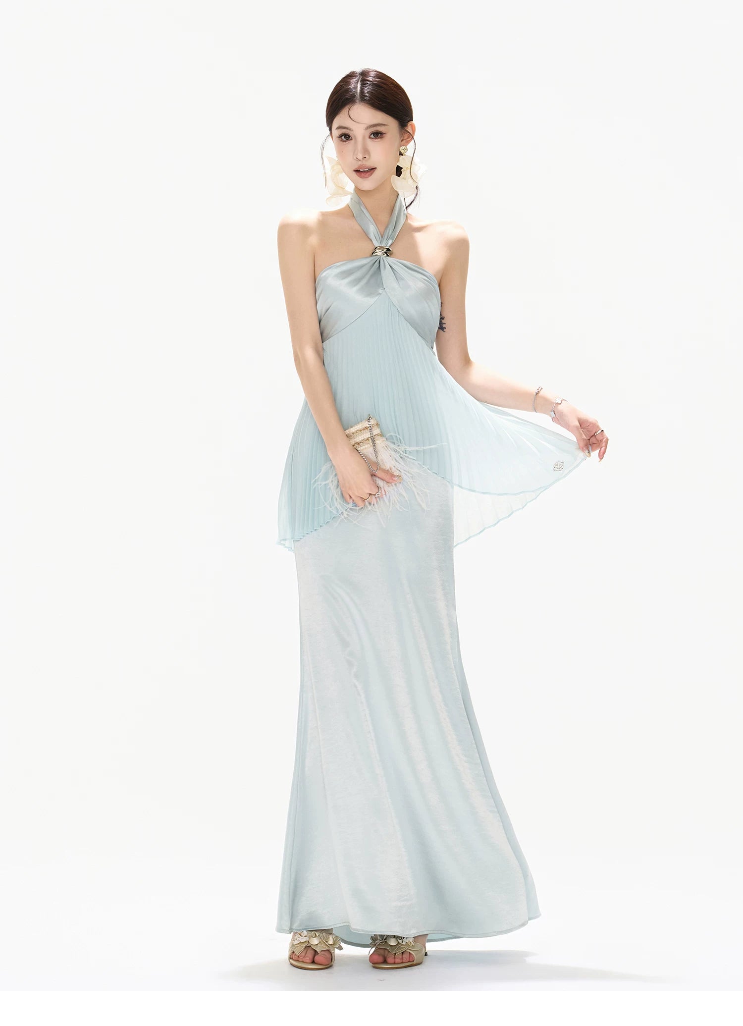 Misty Blue Pleated Halter Satin Long Dress