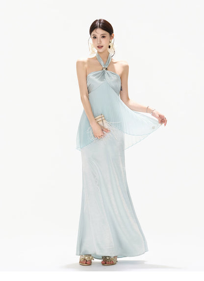 Misty Blue Pleated Halter Satin Long Dress