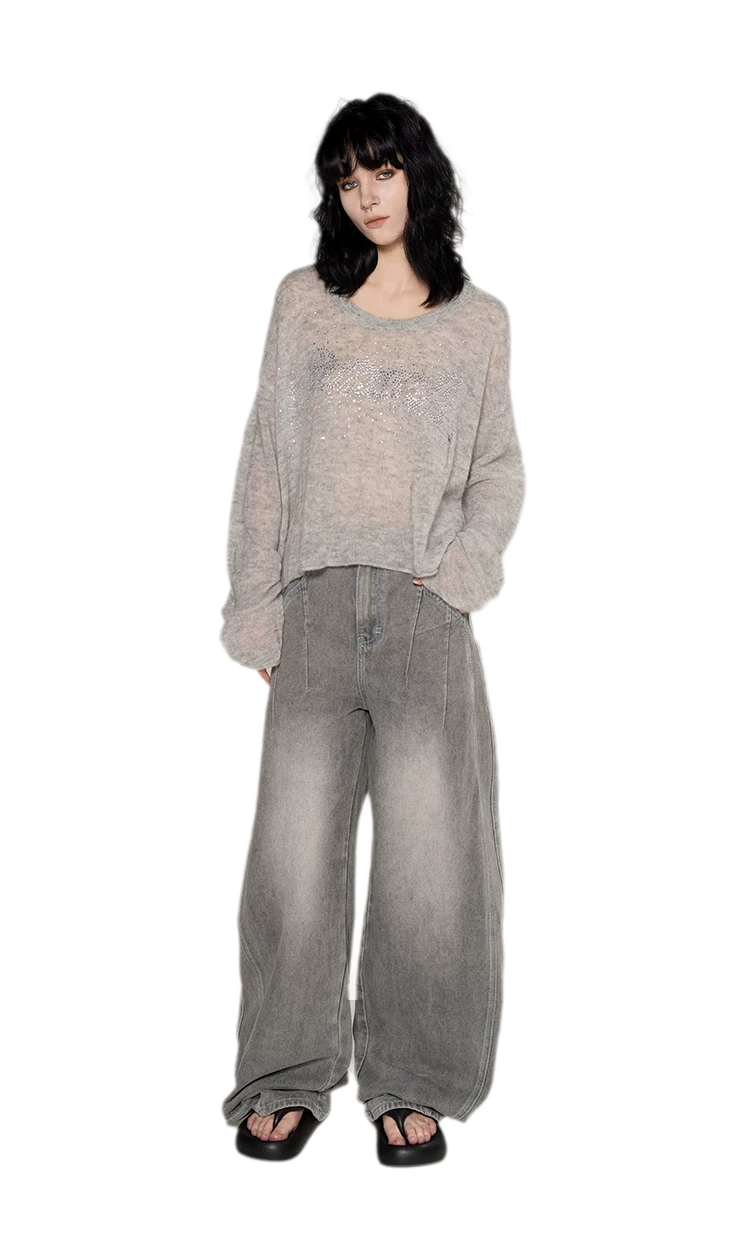 Pullover in mohair effetto consumato con strass