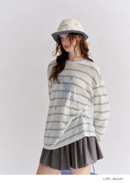 Embroidered Beaded Striped Loose T-shirt