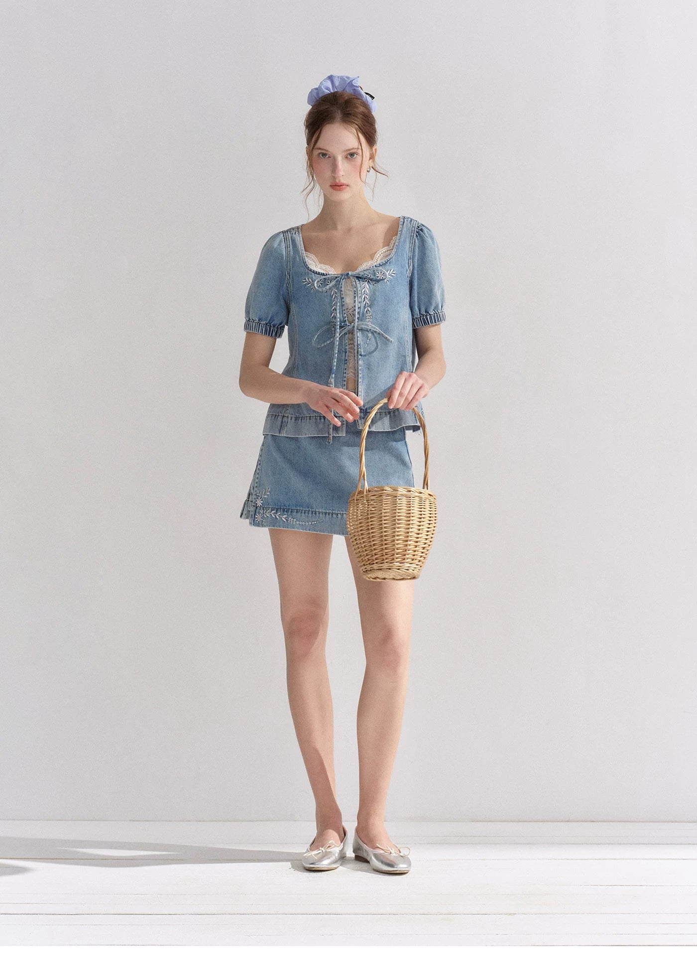 Floral Embroidered Tie Denim Top &amp; Skort Set