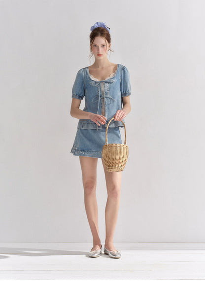 Floral Embroidered Tie Denim Top &amp; Skort Set